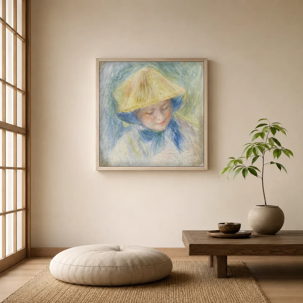 Framed print of Portrait of a Woman in a Straw Hat (Madame Clapisson) hanging on a wall in a furnished room