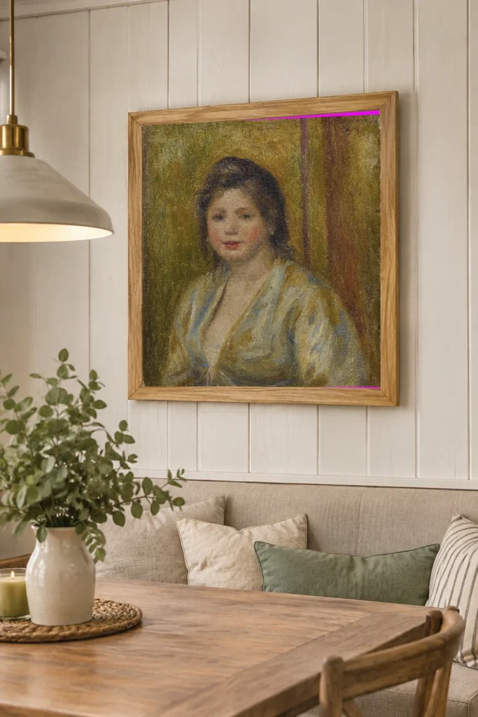 Framed print of Portrait of a Woman, Blouse Open hanging on a wall in a furnished room