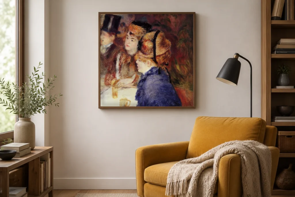 Framed print of Au café hanging on a wall in a furnished room