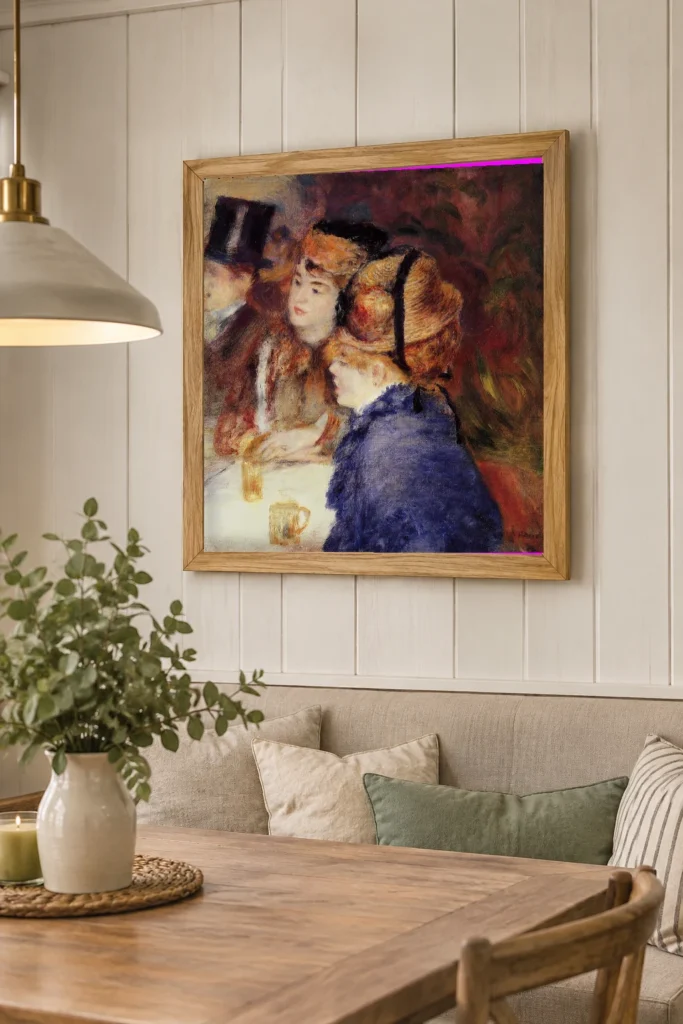 Framed print of Au café hanging on a wall in a furnished room
