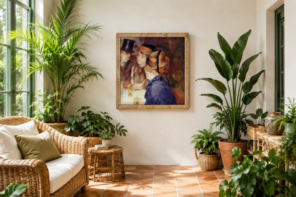 Framed print of Au café hanging on a wall in a furnished room