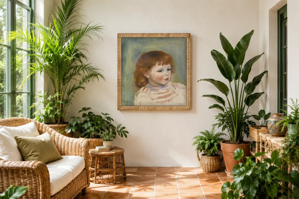 Framed print of Portrait of Pierre Renoir, Three-Quarter Length hanging on a wall in a furnished room