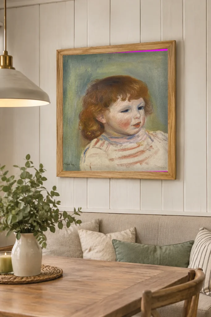 Framed print of Portrait of Pierre Renoir, Three-Quarter Length hanging on a wall in a furnished room