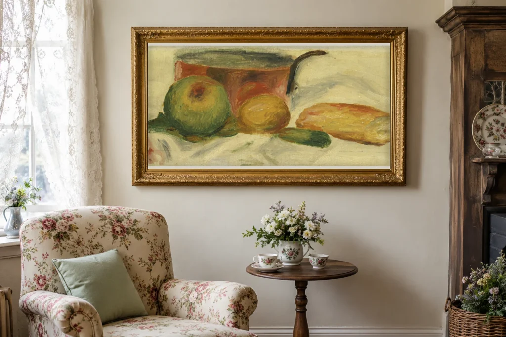Framed print of Saucepan and Fruit hanging on a wall in a furnished room