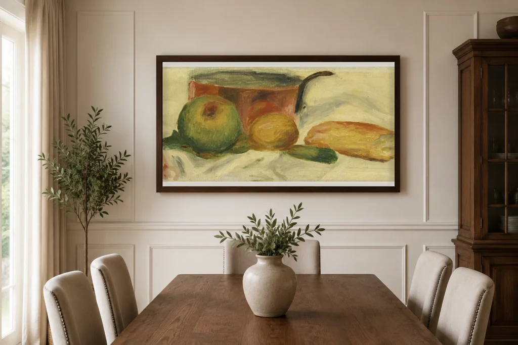 Framed print of Saucepan and Fruit hanging on a wall in a furnished room