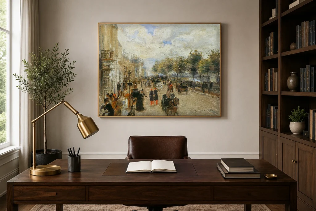 Framed print of Paris, Quai Malaquais hanging on a wall in a furnished room