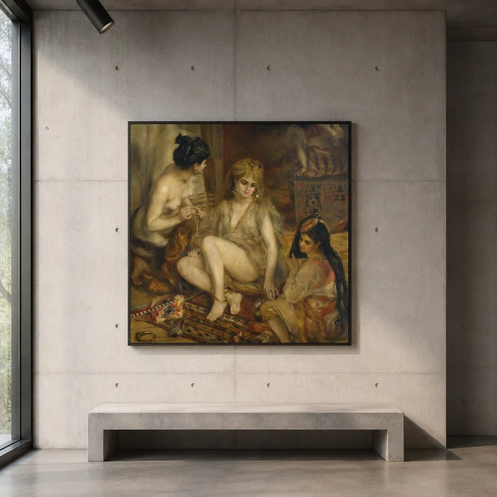 Framed print of Parisian Women in Algerian Costume hanging on a wall in a furnished room