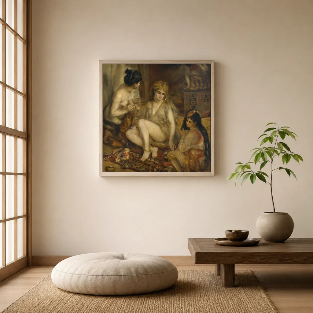 Framed print of Parisian Women in Algerian Costume hanging on a wall in a furnished room