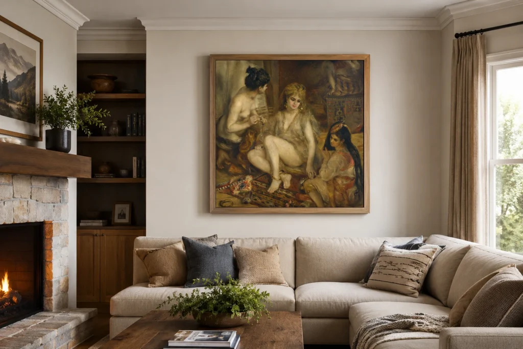 Framed print of Parisian Women in Algerian Costume hanging on a wall in a furnished room