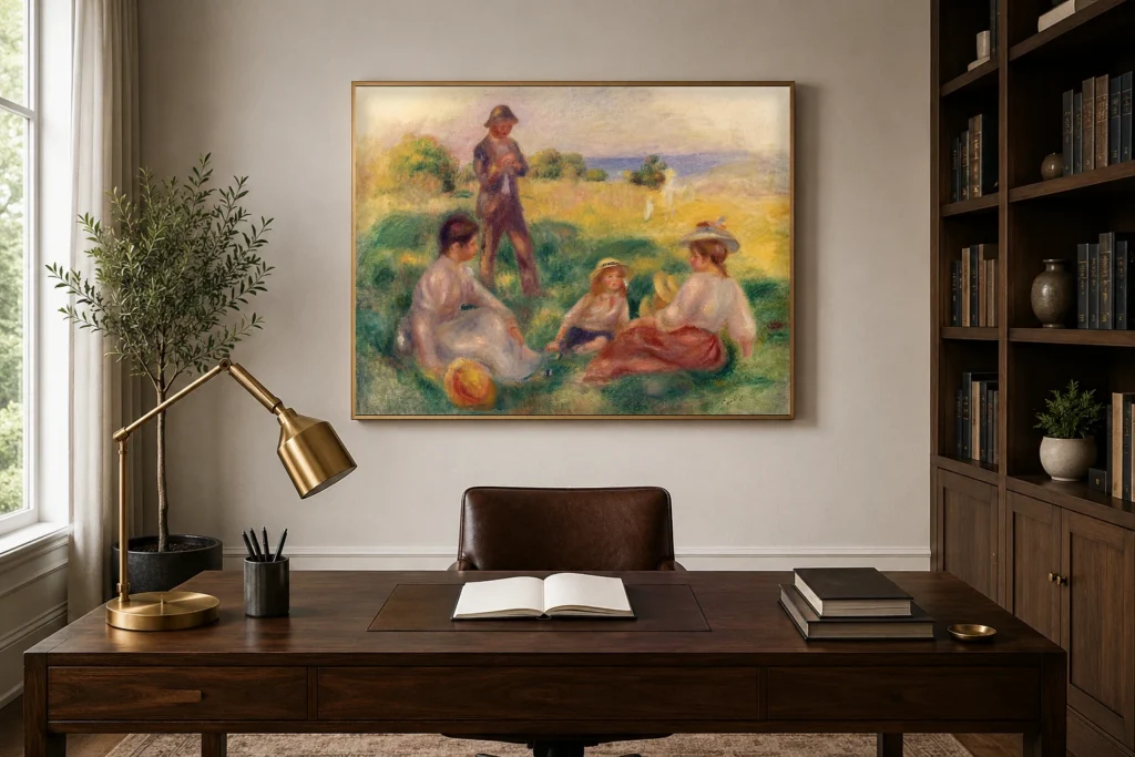 Framed print of Party in the Country at Berneval hanging on a wall in a furnished room