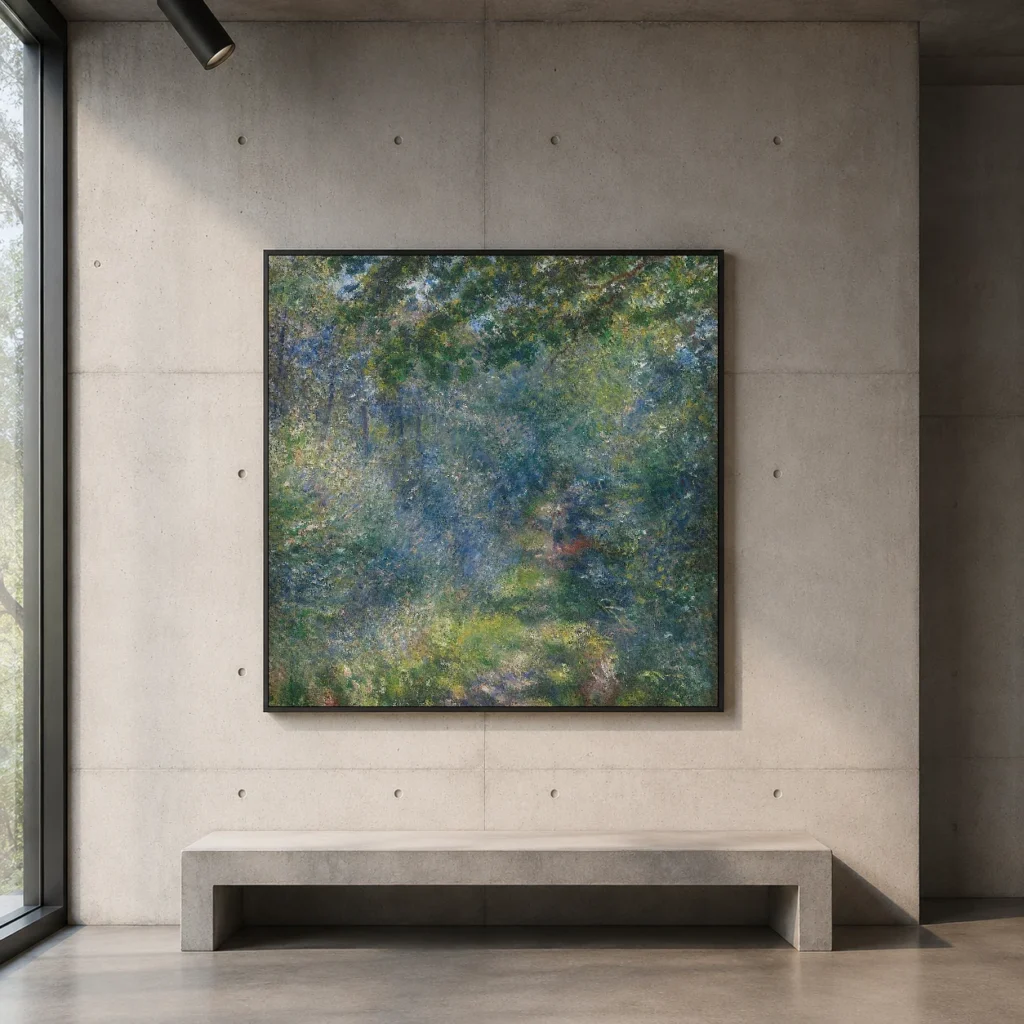 Framed print of Path in the Forest hanging on a wall in a furnished room