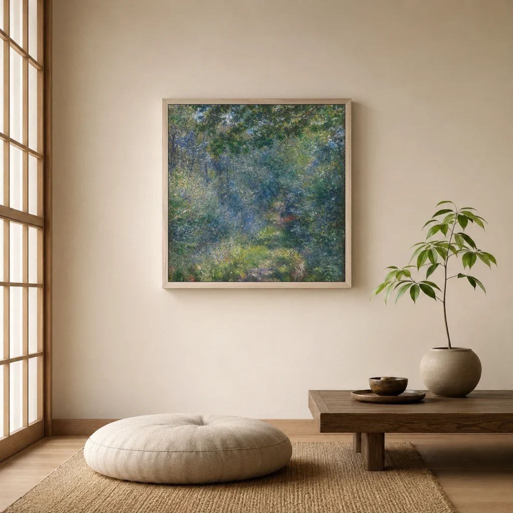Framed print of Path in the Forest hanging on a wall in a furnished room