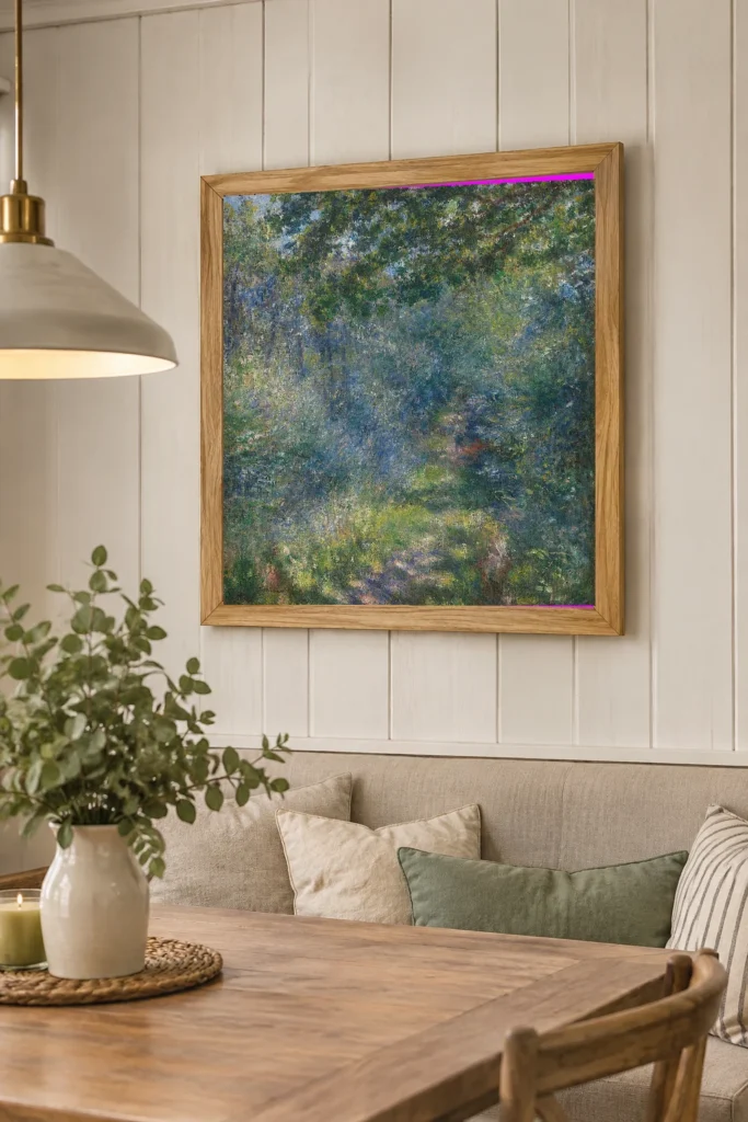 Framed print of Path in the Forest hanging on a wall in a furnished room