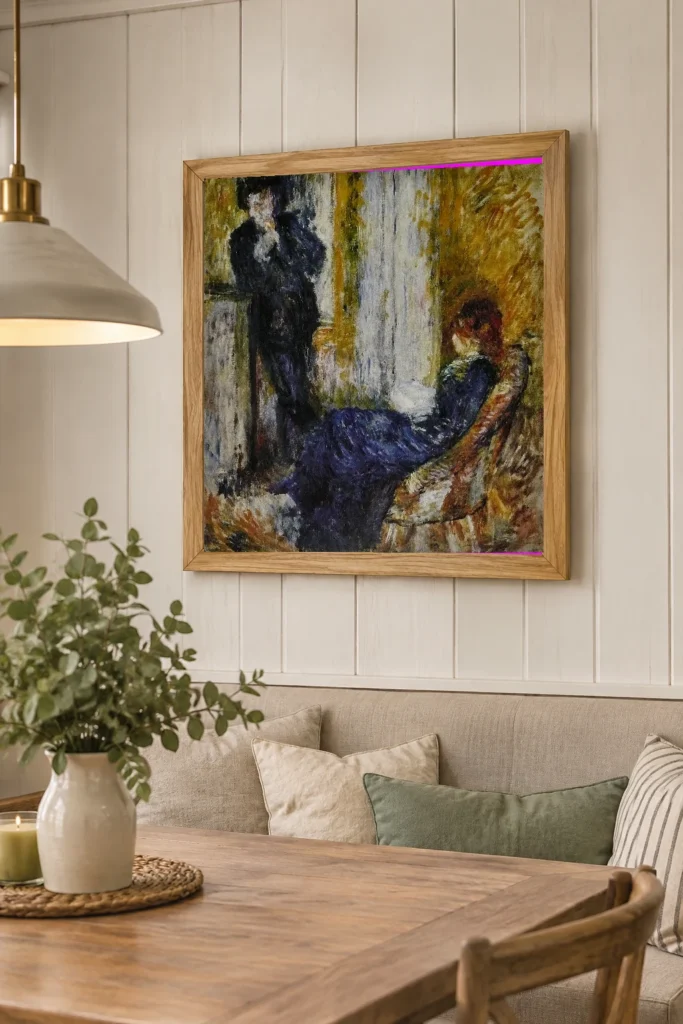 Framed print of At the Corner of the Fireplace hanging on a wall in a furnished room
