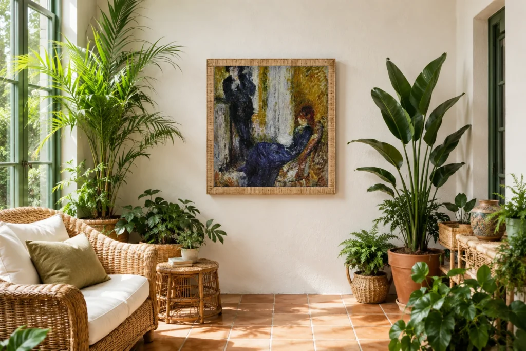 Framed print of At the Corner of the Fireplace hanging on a wall in a furnished room