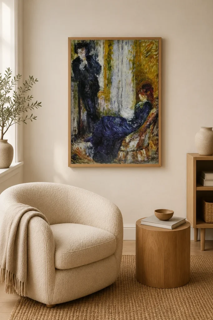 Framed print of At the Corner of the Fireplace hanging on a wall in a furnished room