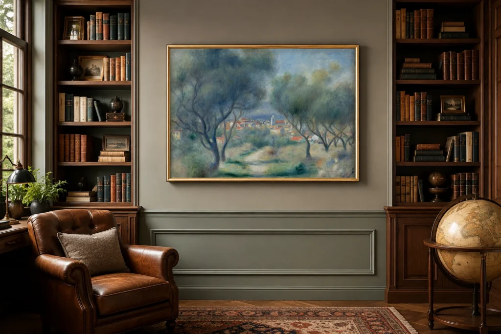 Framed print of Paysage hanging on a wall in a furnished room