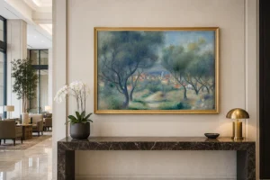 Framed print of Paysage hanging on a wall in a furnished room