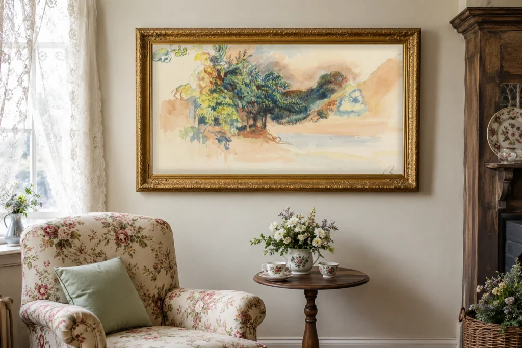 Framed print of Landscape (Argenteuil) hanging on a wall in a furnished room