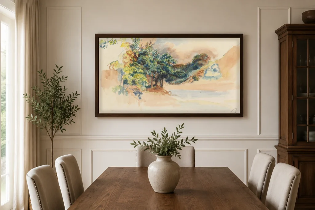 Framed print of Landscape (Argenteuil) hanging on a wall in a furnished room