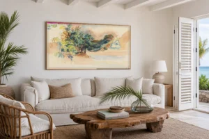 Framed print of Landscape (Argenteuil) hanging on a wall in a furnished room