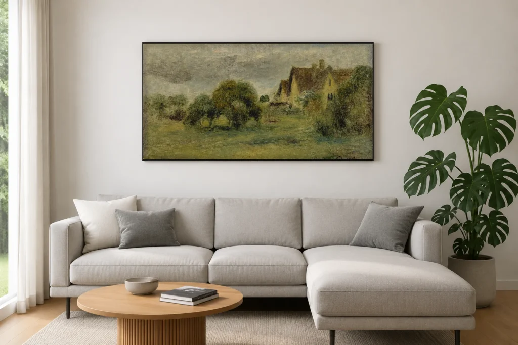 Framed print of Landscape with Overcast Sky hanging on a wall in a furnished room