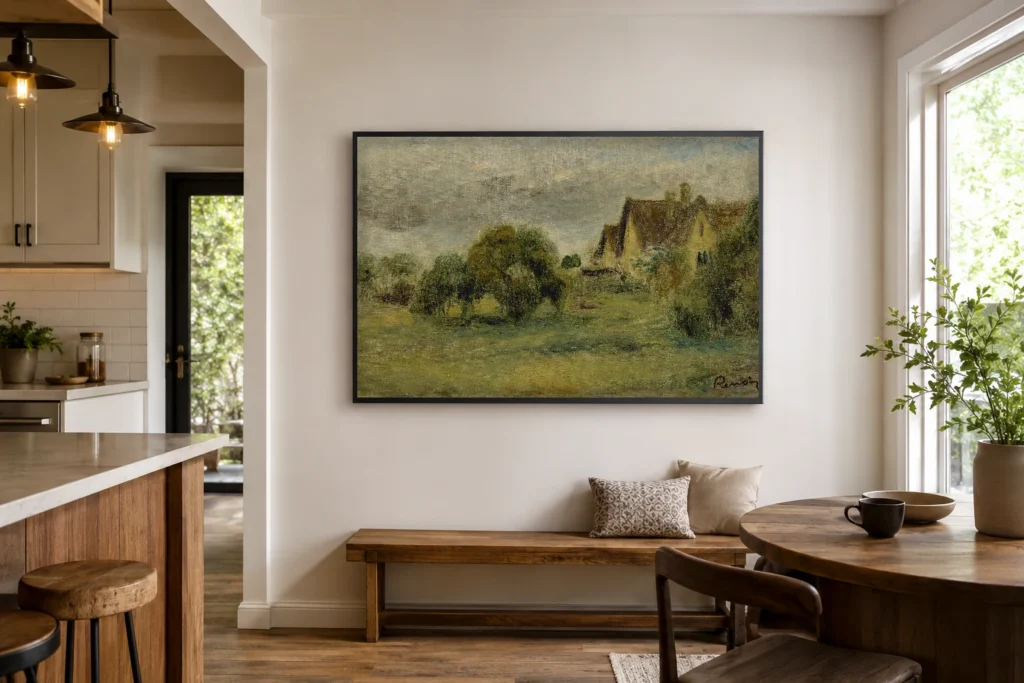 Framed print of Landscape with Overcast Sky hanging on a wall in a furnished room