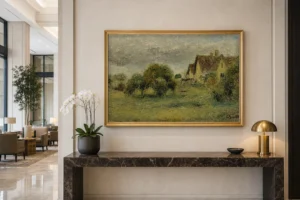 Framed print of Landscape with Overcast Sky hanging on a wall in a furnished room