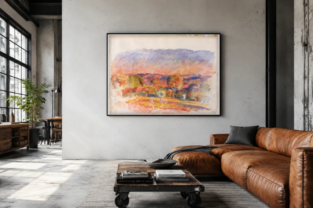 Framed print of Landscape at Dusk hanging on a wall in a furnished room