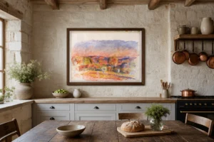 Framed print of Landscape at Dusk hanging on a wall in a furnished room