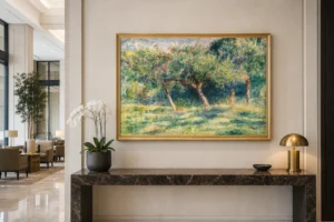 Framed print of Landscape with Two Leaning Trees hanging on a wall in a furnished room