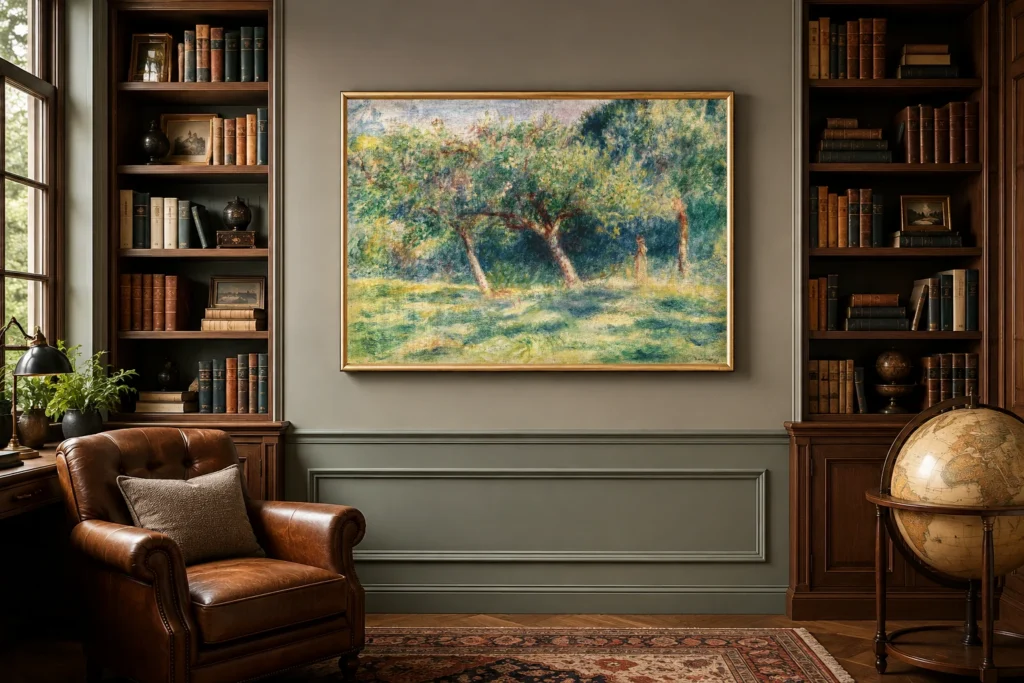 Framed print of Landscape with Two Leaning Trees hanging on a wall in a furnished room