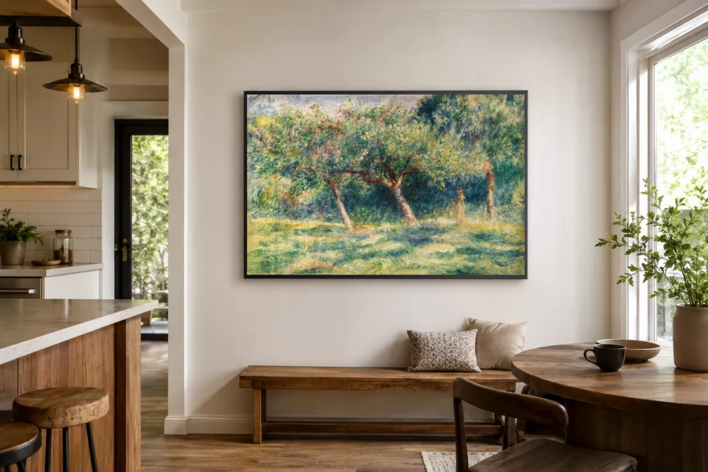 Framed print of Landscape with Two Leaning Trees hanging on a wall in a furnished room
