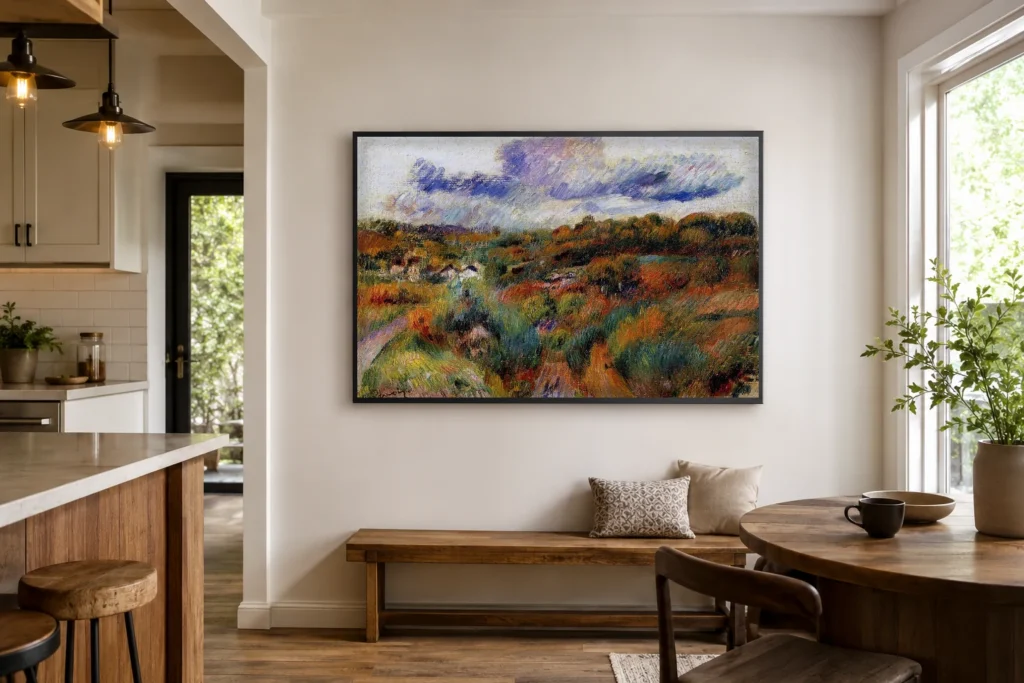 Framed print of Landscape with Blue Clouds hanging on a wall in a furnished room