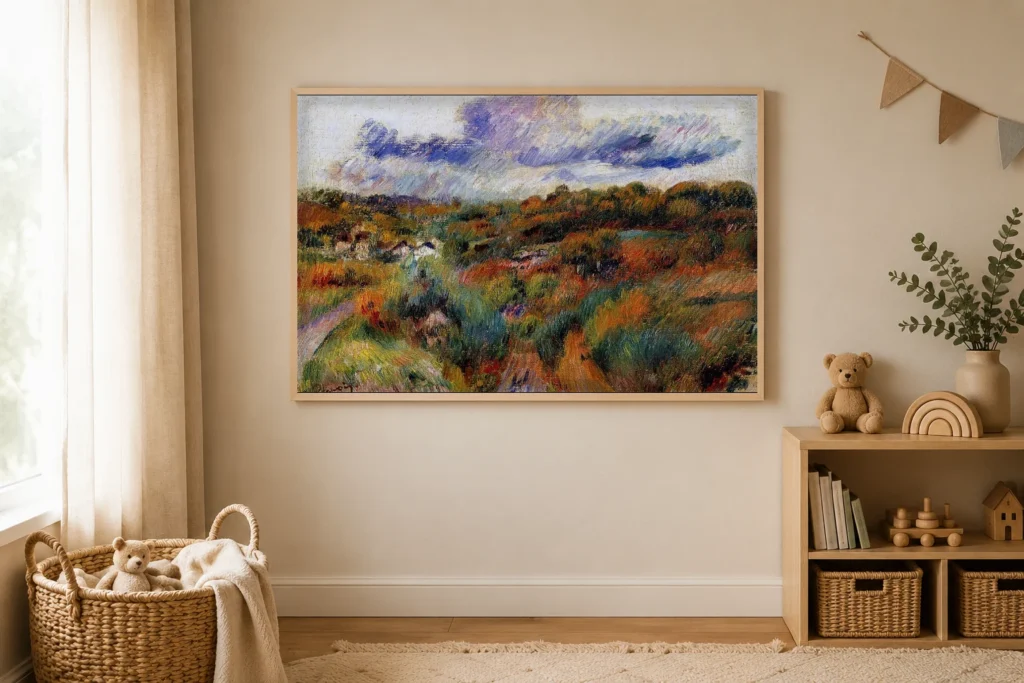 Framed print of Landscape with Blue Clouds hanging on a wall in a furnished room
