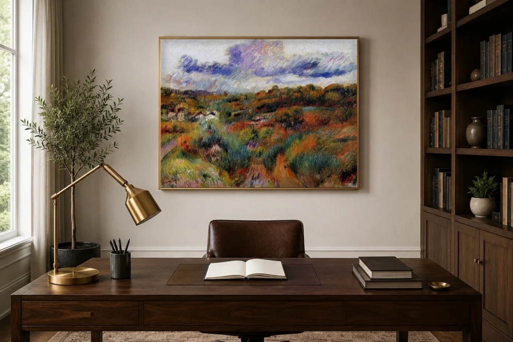Framed print of Landscape with Blue Clouds hanging on a wall in a furnished room