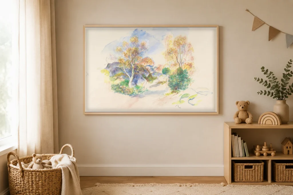Framed print of Landscape with Path between Trees hanging on a wall in a furnished room