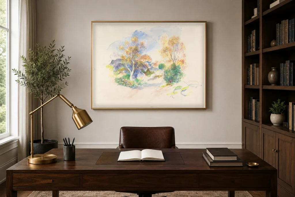 Framed print of Landscape with Path between Trees hanging on a wall in a furnished room