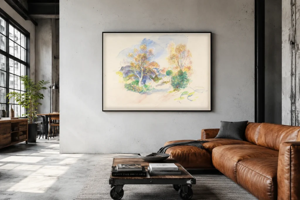 Framed print of Landscape with Path between Trees hanging on a wall in a furnished room