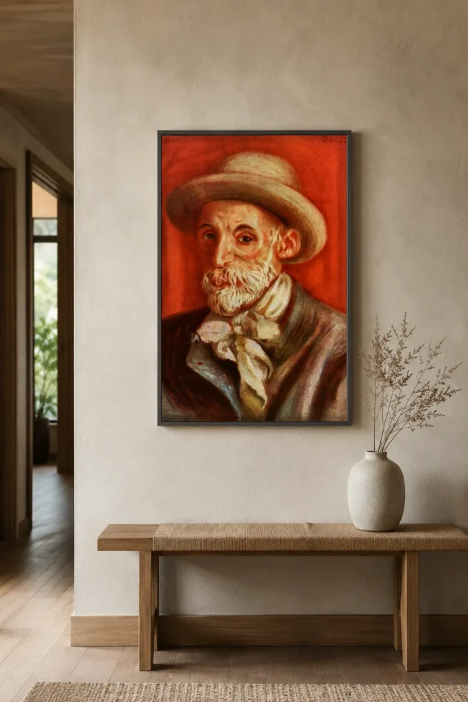 Framed print of Self-Portrait hanging on a wall in a furnished room