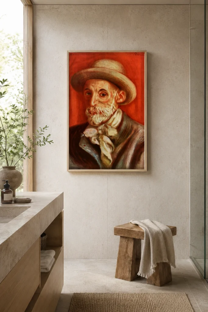 Framed print of Self-Portrait hanging on a wall in a furnished room