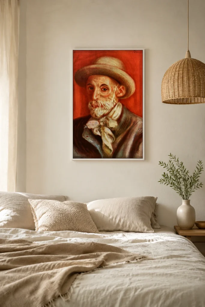 Framed print of Self-Portrait hanging on a wall in a furnished room