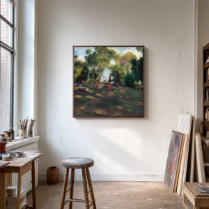 Framed print of Landscape with Reclining Women hanging on a wall in a furnished room