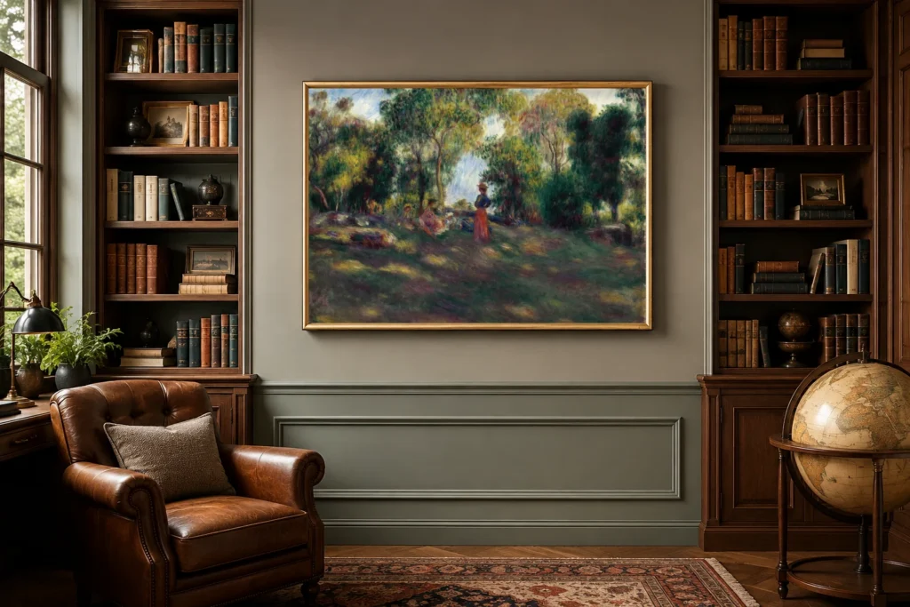 Framed print of Landscape with Reclining Women hanging on a wall in a furnished room