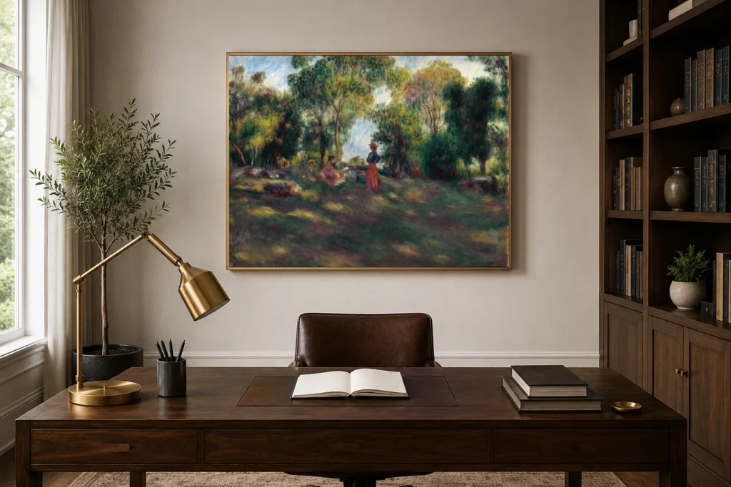 Framed print of Landscape with Reclining Women hanging on a wall in a furnished room