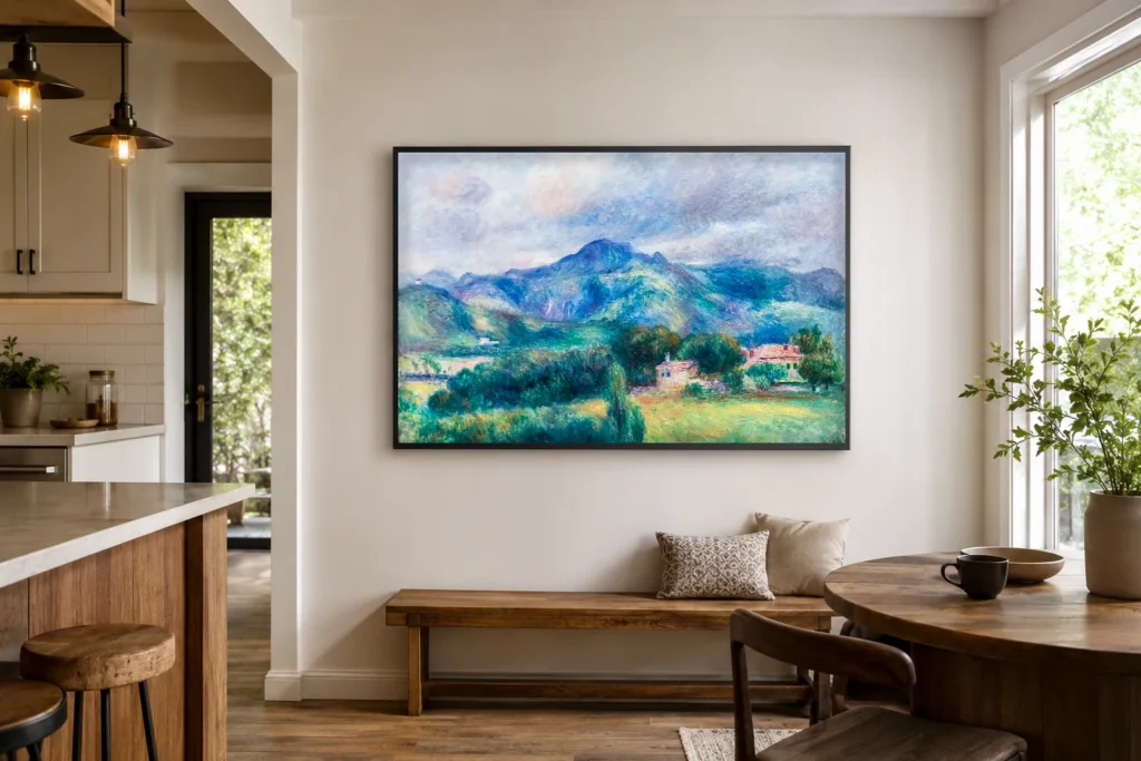 Framed print of Landscape with Mountain hanging on a wall in a furnished room