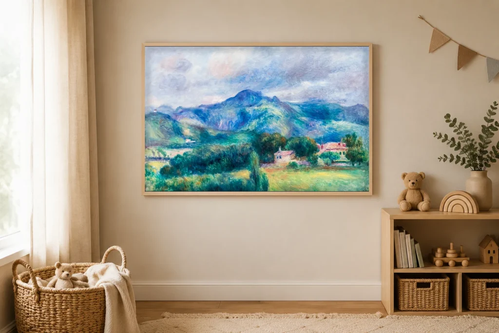 Framed print of Landscape with Mountain hanging on a wall in a furnished room