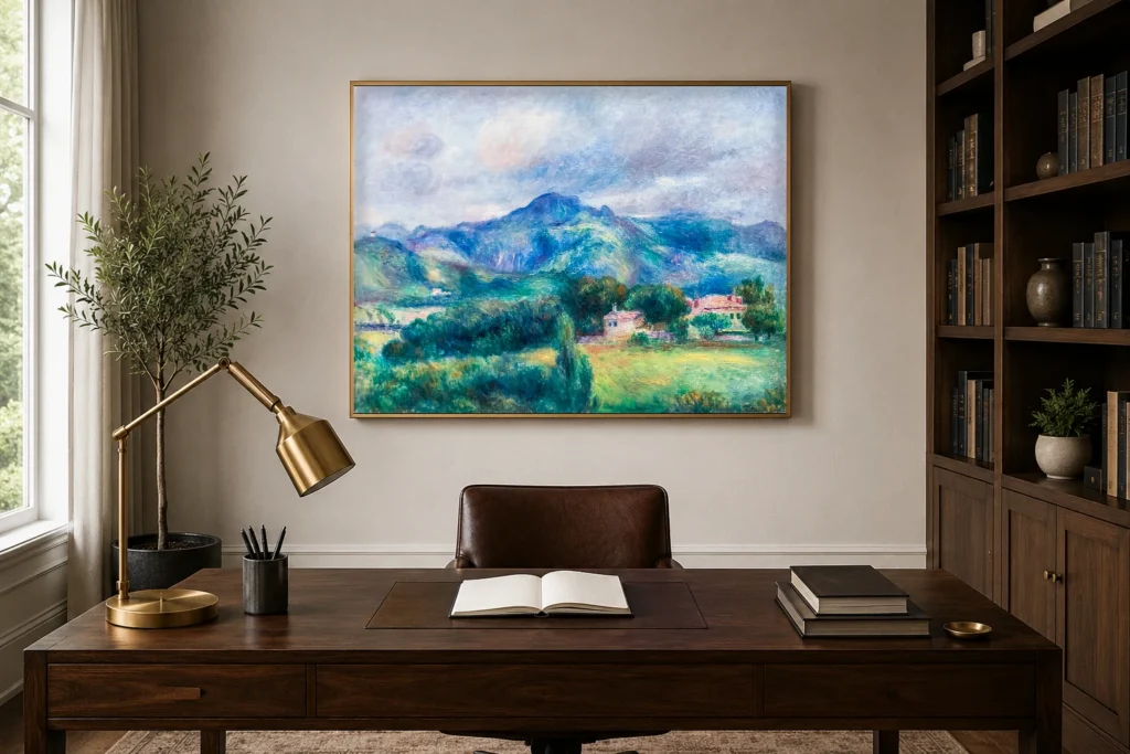 Framed print of Landscape with Mountain hanging on a wall in a furnished room