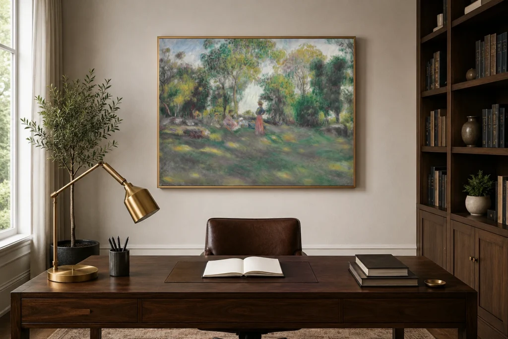 Framed print of Landscape with Four Figures hanging on a wall in a furnished room