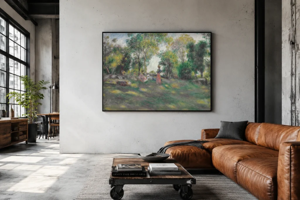 Framed print of Landscape with Four Figures hanging on a wall in a furnished room